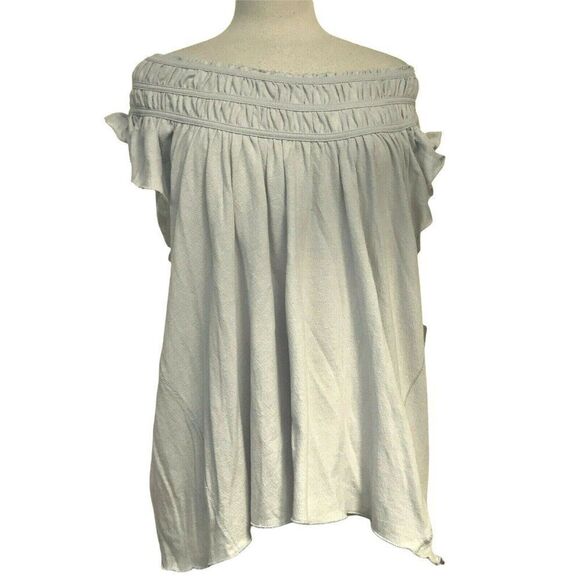Free People Smocked Off Shoulder Ruffled Sleeve Top Sz M Lt. Blue Rayon Knit NEW - Picture 4 of 8